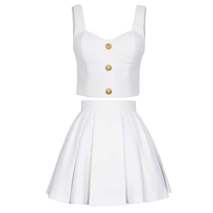 Chic U-Neck Buttons Tank Top + Mini Skirt Suit