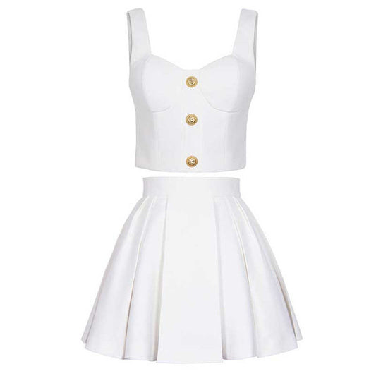 Chic U-Neck Buttons Tank Top + Mini Skirt Suit