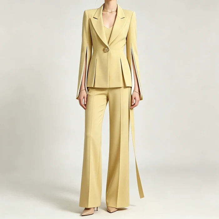 Chic Women's Yellow Belted Blazer and Wide-Leg Pant Suit Set