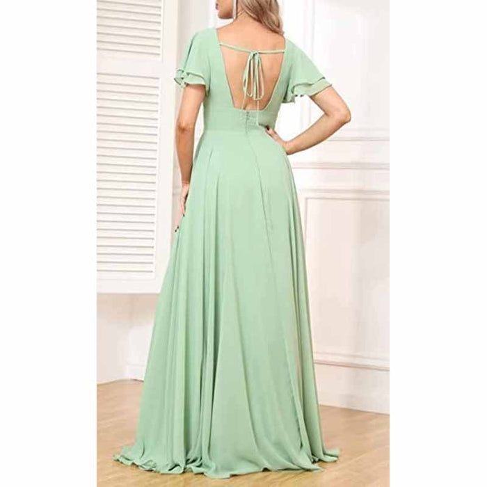 Chiffon Bridesmaid Dresses Long V Neck Formal Evening Gown with Slit