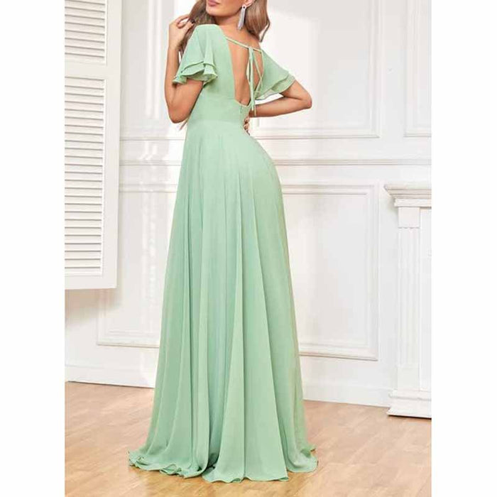 Chiffon Bridesmaid Dresses Long V Neck Formal Evening Gown with Slit