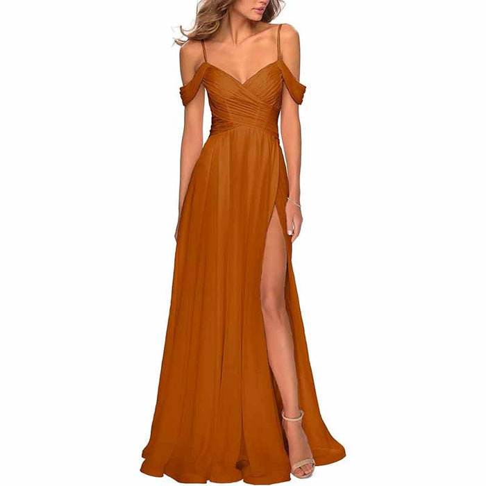Chiffon Bridesmaid Dresses with Pockets V Neck Long Prom Dress Formal Evening Gown with Slit