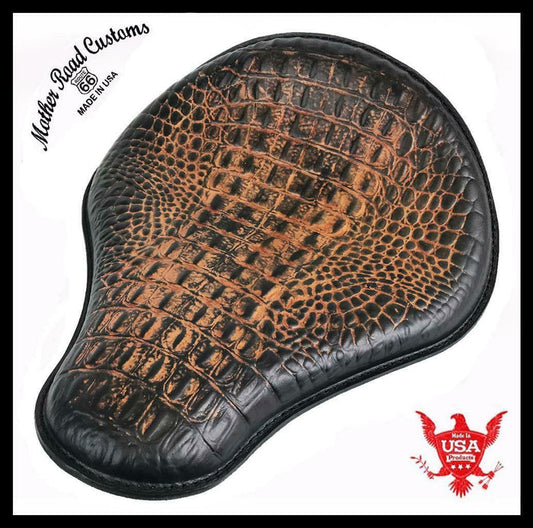 Chopper Bobber Harley Sportster Dyna 13x15x1" Ant Brn Alligator Spring Seat  MRC - Mother Road Customs