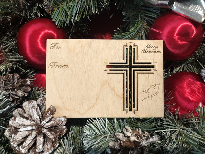 Christian cross holiday card — Christmas card with pop-out wood cross ornament, made in USA