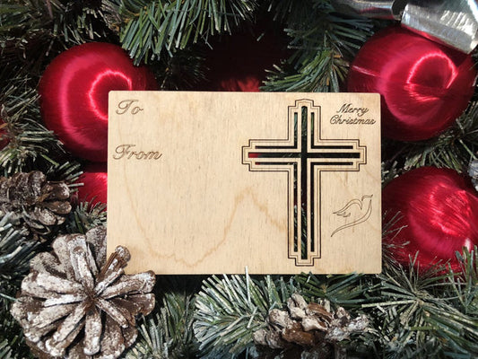 Christian cross holiday card — Christmas card with pop-out wood cross ornament, made in USA