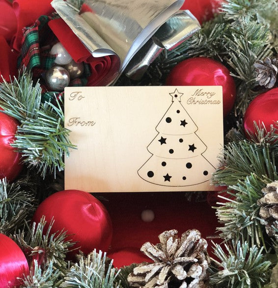 Christmas tree holiday card — card with pop-out wood tree ornament, made in USA