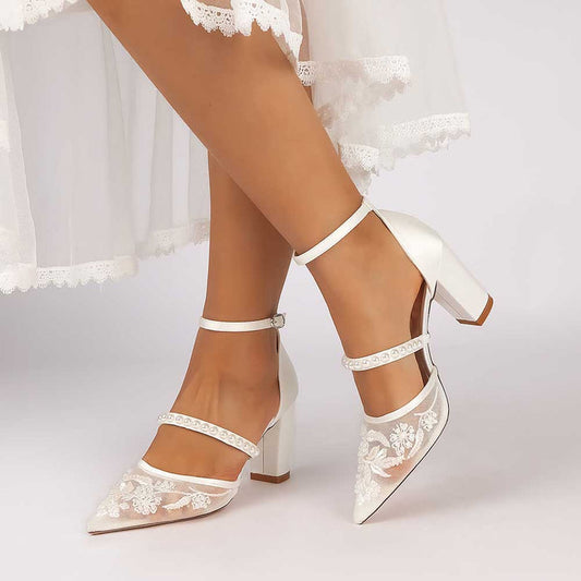 Chunk Heel Pearl Wedding Shoes with Ankle Straps