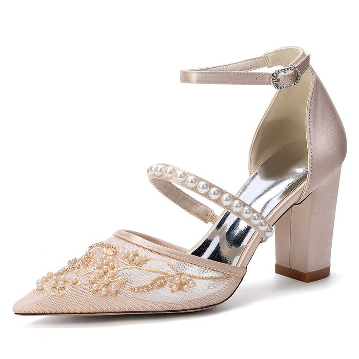 Chunk Heel Pearl Wedding Shoes with Ankle Straps