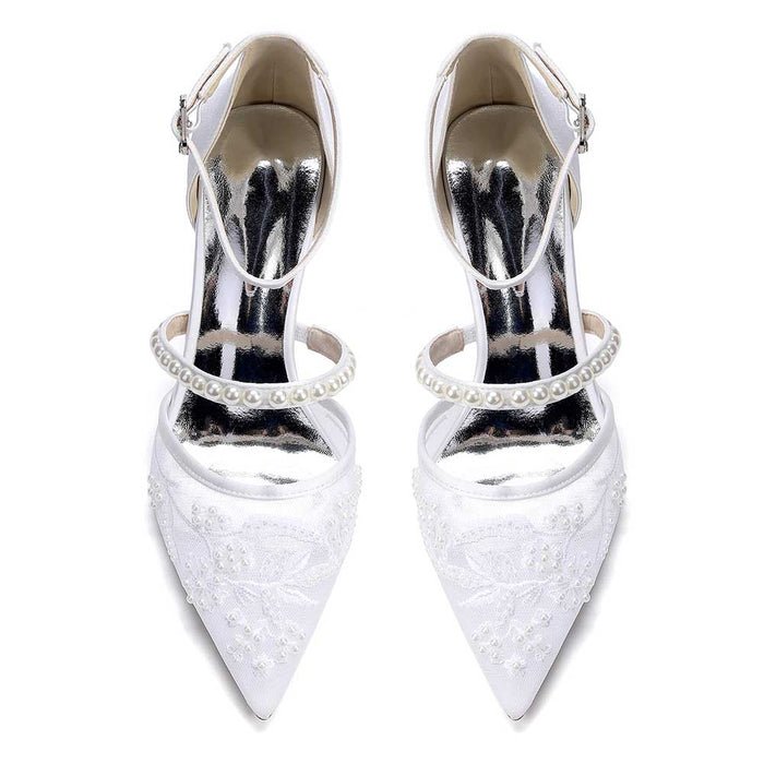 Chunk Heel Pearl Wedding Shoes with Ankle Straps