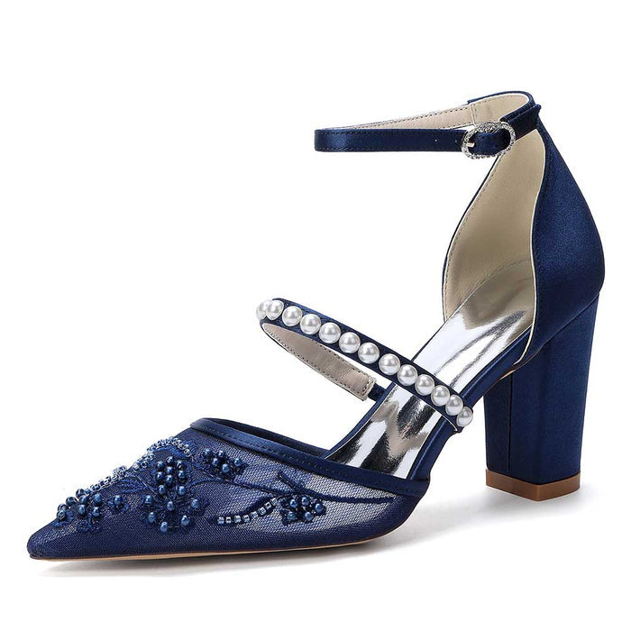 Chunk Heel Pearl Wedding Shoes with Ankle Straps