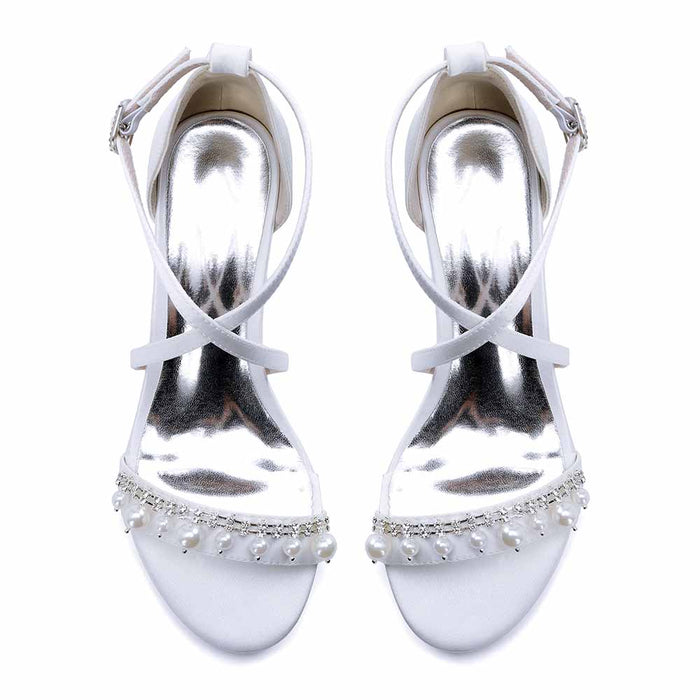 Elegant white chunky heel prom sandals with pearl embellishments for a stylish evening look