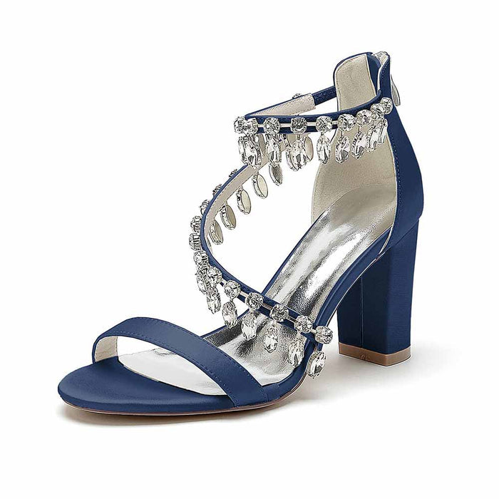 Elegant navy blue chunky heel prom shoes with sparkling rhinestone embellishments and ankle strap