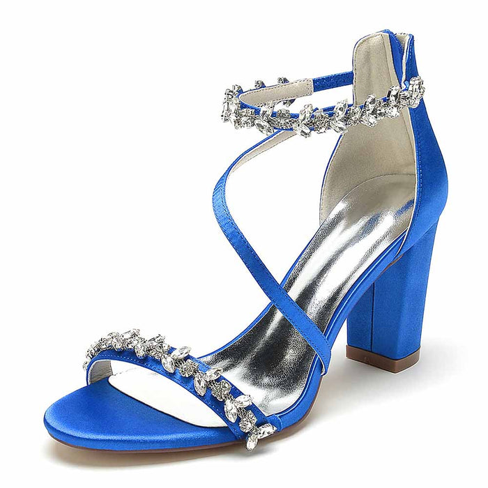 Blue Chunky Heel Sandals for Event with Sparkling Rhinestone Straps