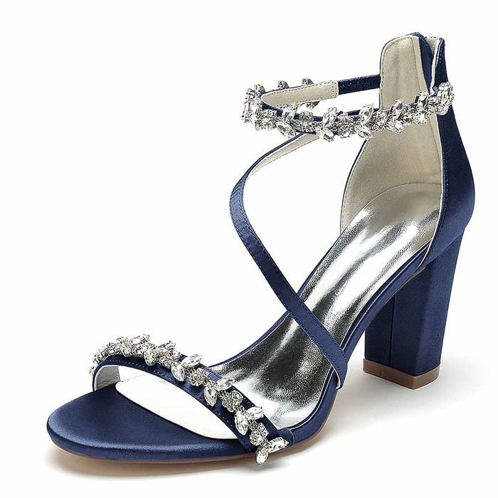 Navy chunky heel sandals for event with sparkling embellishments and ankle straps