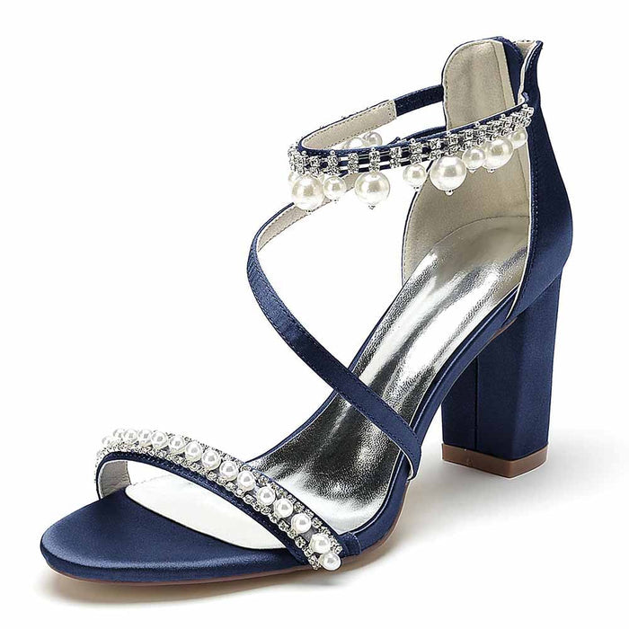 S&DCo. Navy High Heel Shoes for Wedding with Pearl Accents and Strappy Design