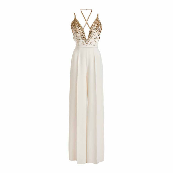 Classy Charm Gold Sequin Sleeveless Jumpsuit Spaghetti Strap One Piece White Romper