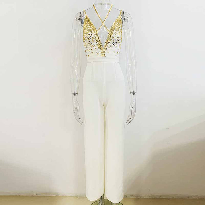 Classy Charm Gold Sequin Sleeveless Jumpsuit Spaghetti Strap One Piece White Romper