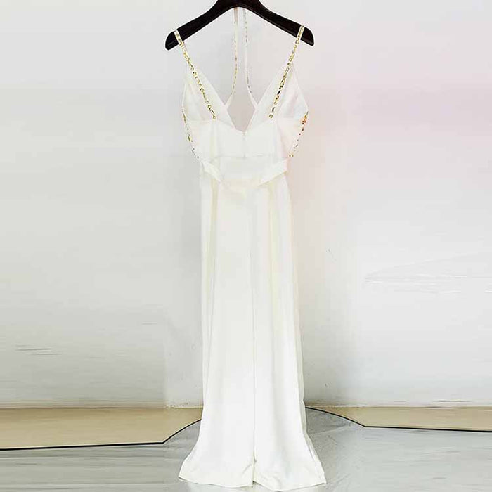 Classy Charm Gold Sequin Sleeveless Jumpsuit Spaghetti Strap One Piece White Romper