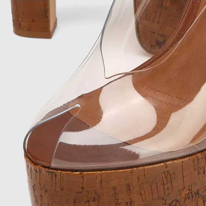 Clear / Faux Snake Print / Snake Print Platform Heels with Cork Heel – Slingback Pumps
