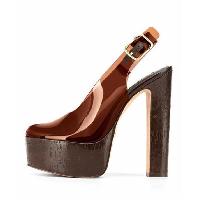 A single high-heeled slingback shoe with a glossy brown patent leather upper and a dark brown textured platform sole and heel, featuring a gold buckle.