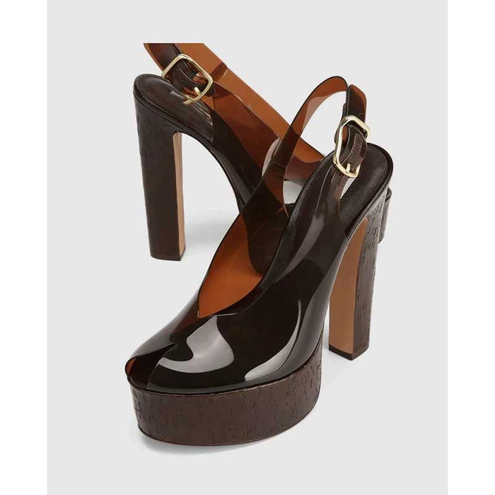 Clear / Faux Snake Print / Snake Print Platform Heels with Cork Heel – Slingback Pumps