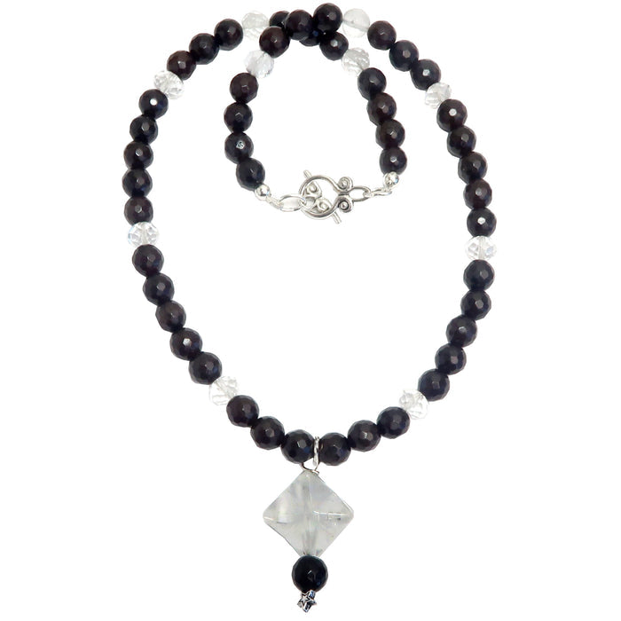 clear quartz merkaba pendant on beaded faceted brown chalcedony necklace