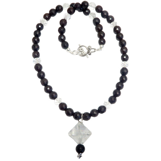 clear quartz merkaba pendant on beaded faceted brown chalcedony necklace
