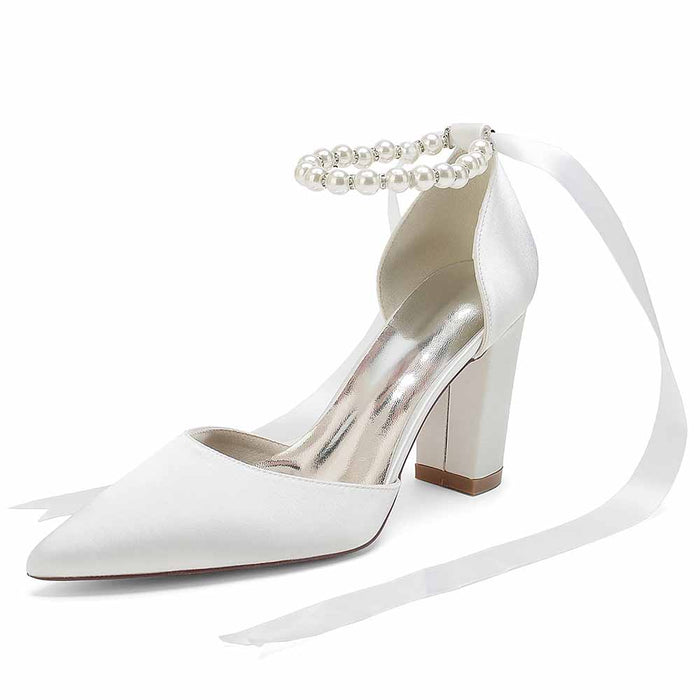 Elegant closed toe lace up bridal shoes with pearl ankle strap and satin finish