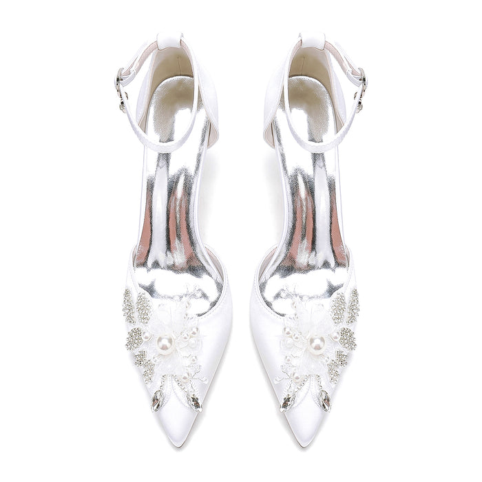 Closed Toe Wedding Shoes Satin Pearl Beads Ankle Strap Pump Bridal Heels