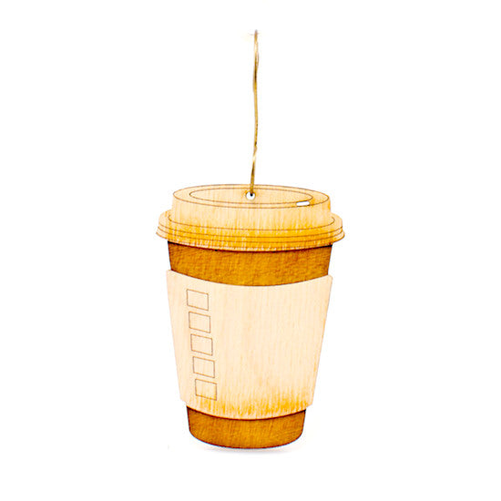 Coffee to go ornament — laser-cut wood takeaway coffee cup ornament, made in USA