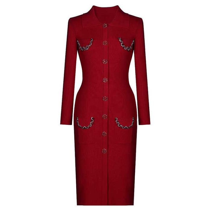 Collared Long Sleeves Knitted Midi Dress With Beaded Trim and Buttoms