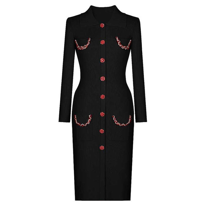 Collared Long Sleeves Knitted Midi Dress With Beaded Trim and Buttoms