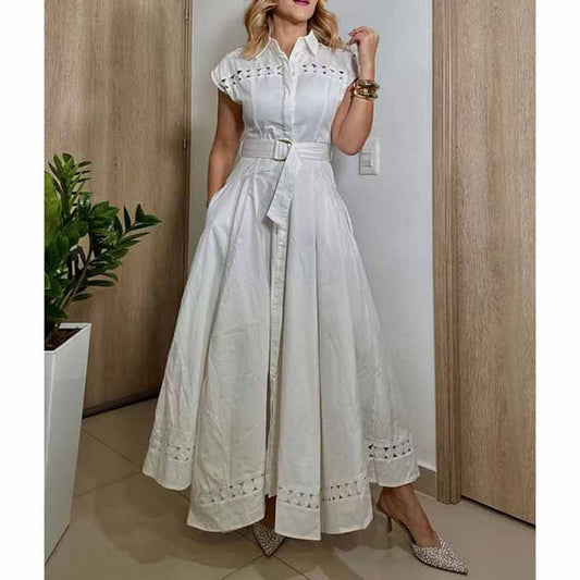 Collared Short Sleeve Hollow Out Midi Dress With Belt