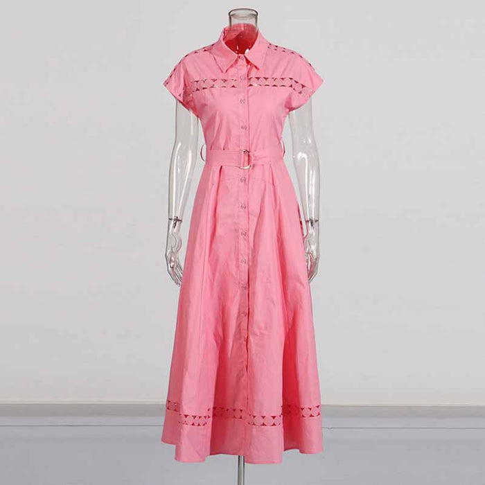 Collared Short Sleeve Hollow Out Midi Dress With Belt