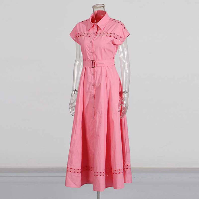Collared Short Sleeve Hollow Out Midi Dress With Belt