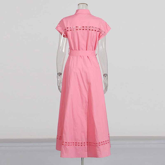 Collared Short Sleeve Hollow Out Midi Dress With Belt