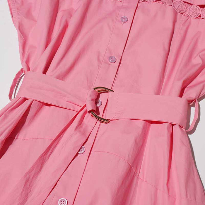 Collared Short Sleeve Hollow Out Midi Dress With Belt
