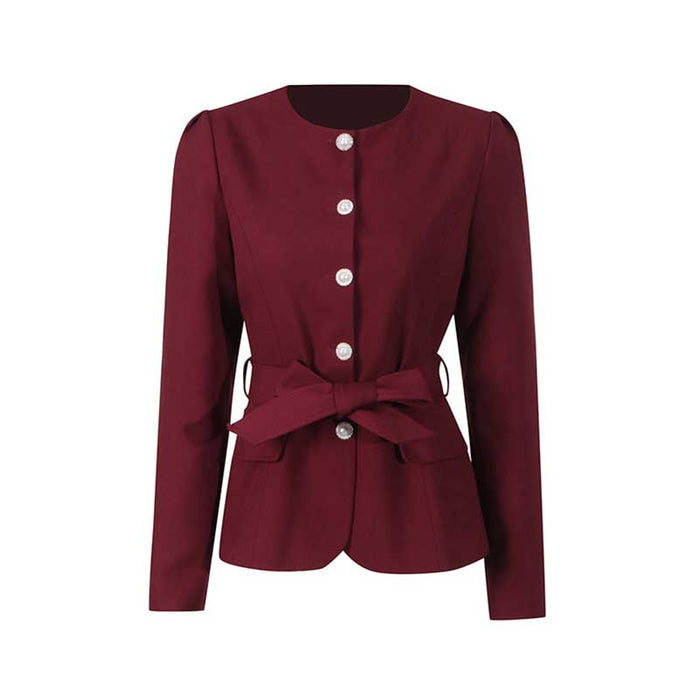 Burgundy collarless women's midi skirt set with a stylish bow accent and elegant button detailing