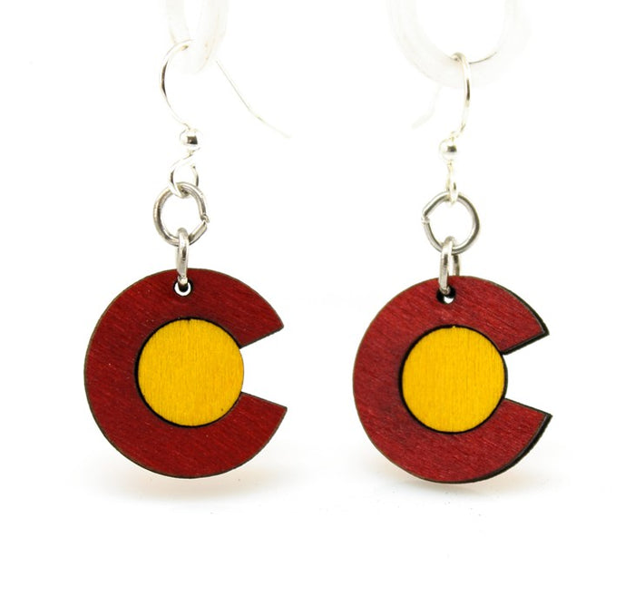 Colorado state flag earrings with red C and gold center, made in USA