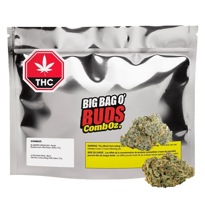 Front view of the Comboz: Ultra Sour + Blueberry Dream packaging with bold text against a black and purple gradient background.