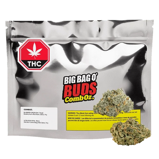 Front view of the Comboz: Ultra Sour + Blueberry Dream packaging with bold text against a black and purple gradient background.