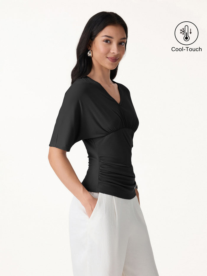 OGLmove CoolTouch V-Neck Ruched Short Sleeve Summer Tee Black XS