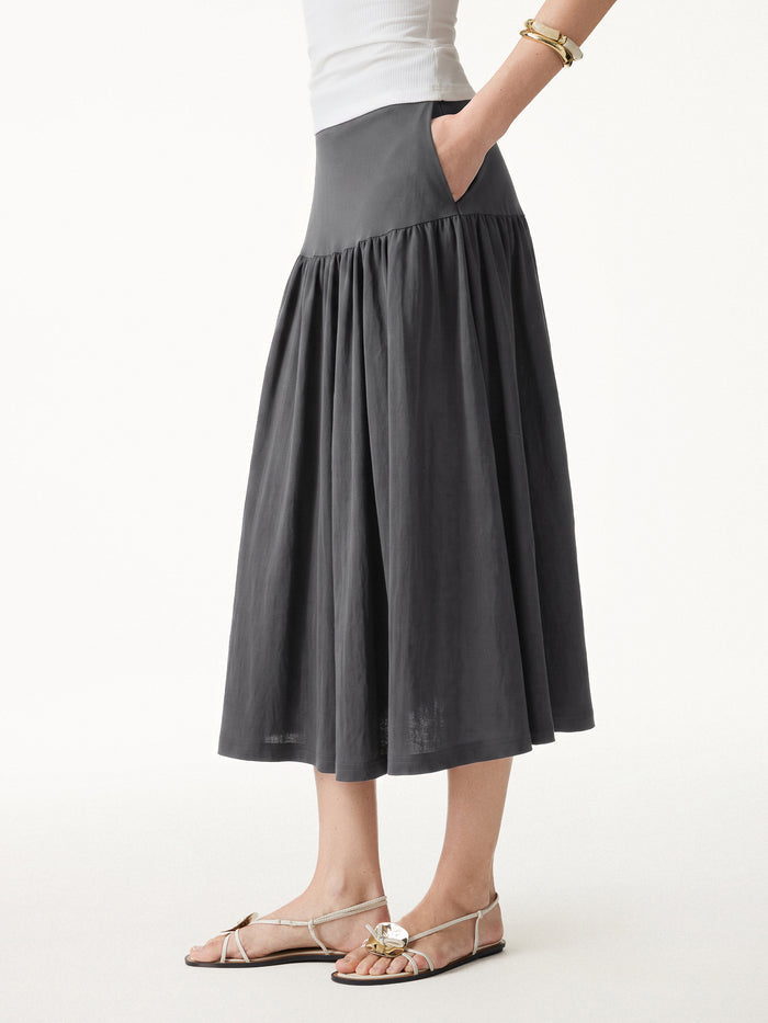OGLmove Cotton-Linen Gathered Midi Skirt with Pockets Davy XS