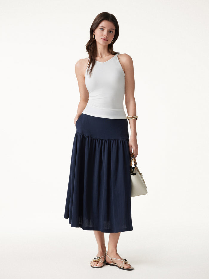 OGLmove Cotton-Linen Gathered Midi Skirt with Pockets