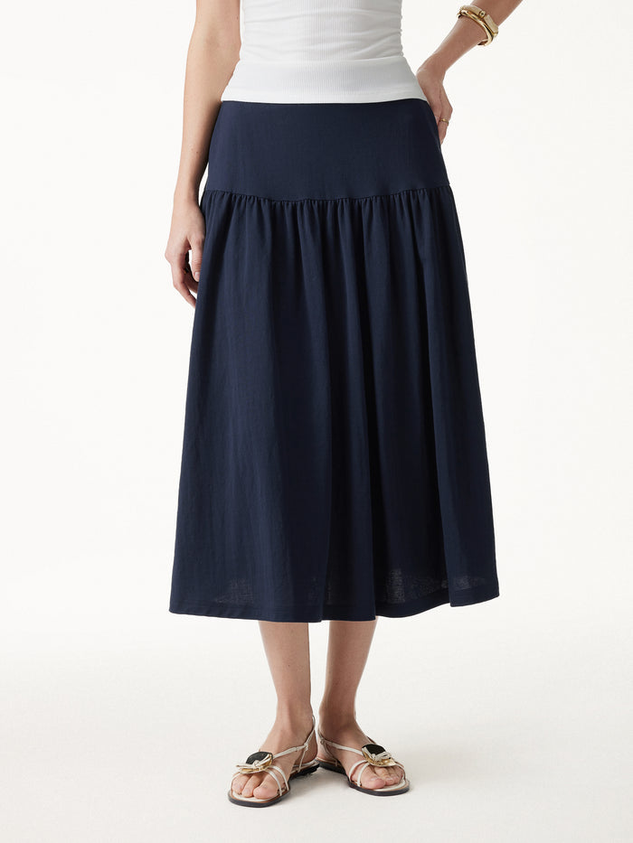 OGLmove Cotton-Linen Gathered Midi Skirt with Pockets