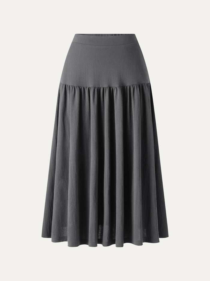 OGLmove Cotton-Linen Gathered Midi Skirt with Pockets