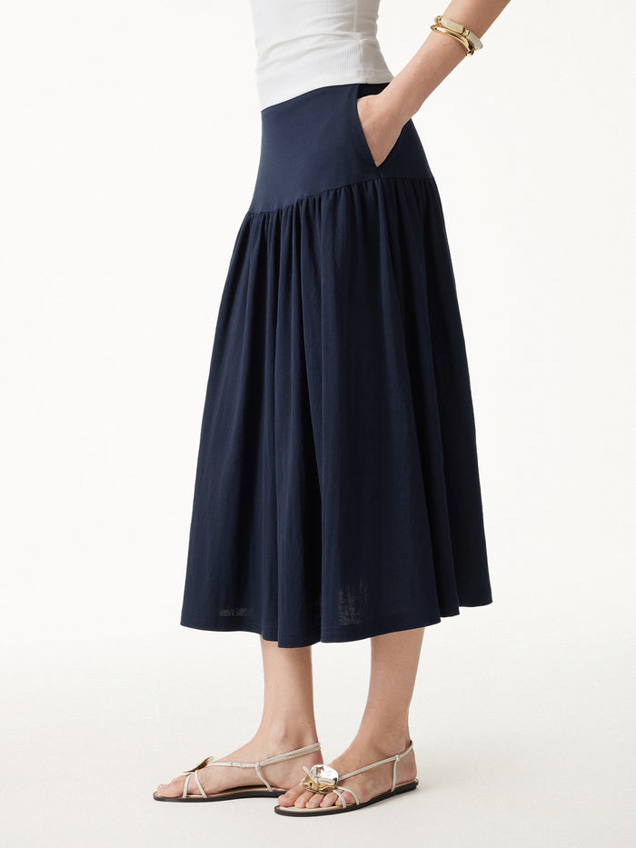OGLmove Cotton-Linen Gathered Midi Skirt with Pockets Smoky Navy XS