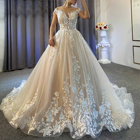 Court Train A-Line Princess Scoop Neck Covered  Court Train With Appliqued