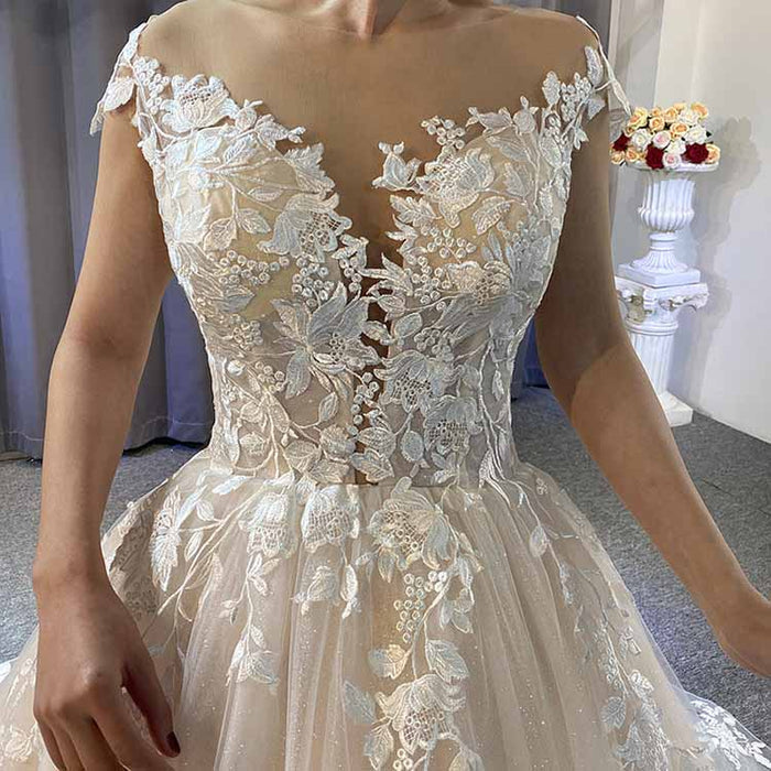 Court Train A-Line Princess Scoop Neck Covered  Court Train With Appliqued