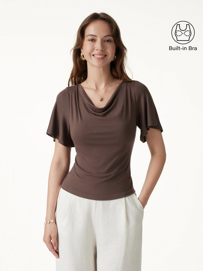 OGLmove Cowl Neck Flutter Sleeve Bra Top Chocolate Brown XS